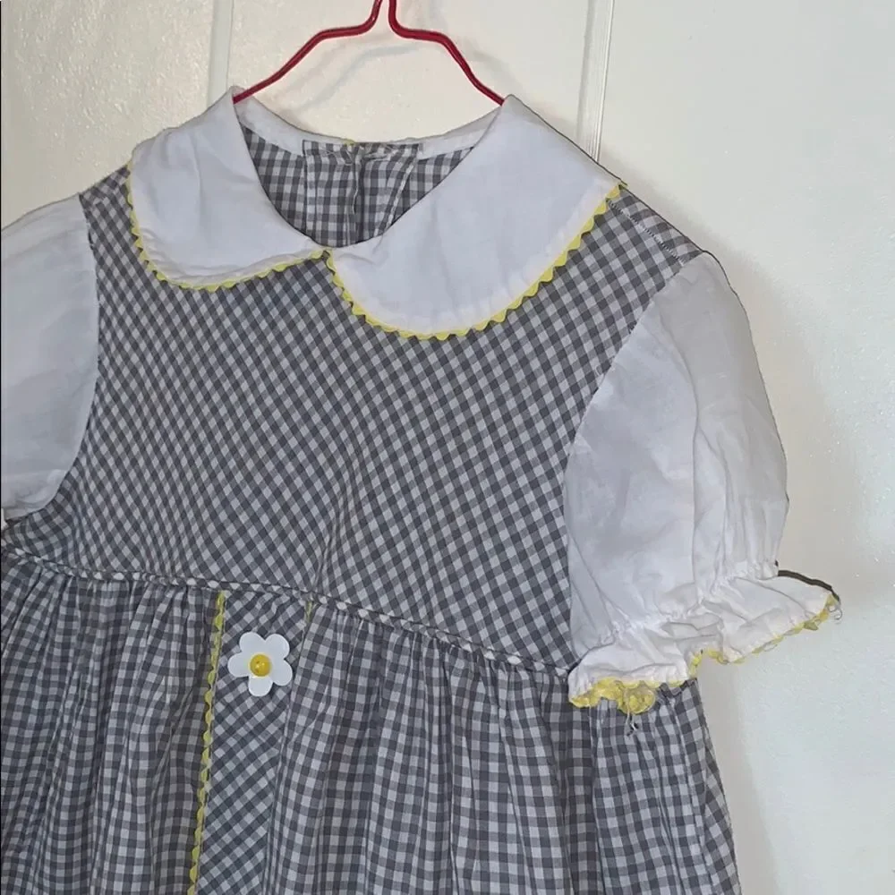 Vtg homemade white/gray/yellow little girl dress‎